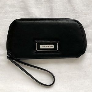 Tahari black Vegan Leather wristlet - wallet with zipper closure and wrist strap